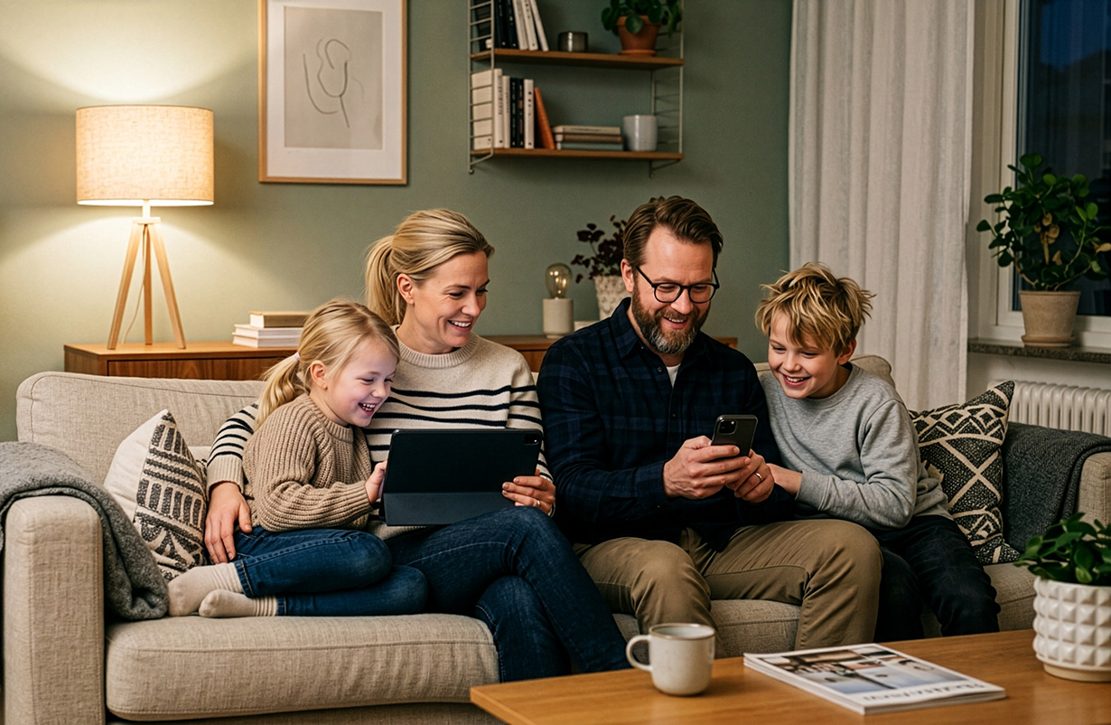En familj sitter i en soffa och tittar på en mobil och en ipad och ler.